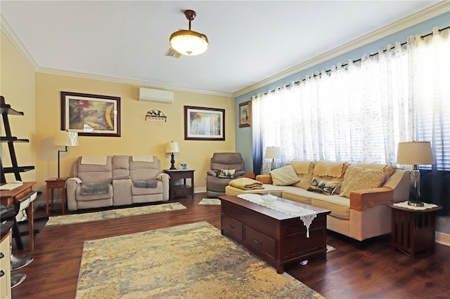 living area featuring a wealth of natural light, crown molding, dark wood-style flooring, and a wall unit AC