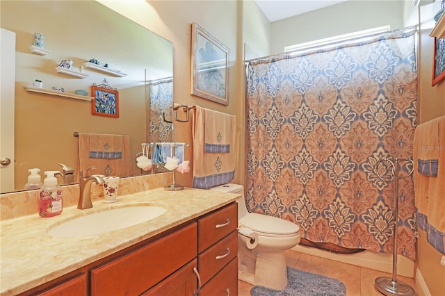 full bath with toilet, a shower with shower curtain, vanity, and tile patterned floors