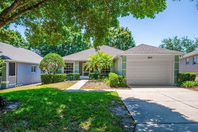4386 Sambourne St, Clermont, FL 34711 - ranch-style house featuring a front lawn, stucco siding, driveway, roof with shingles, and a garage