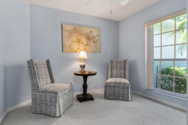 4386 Sambourne St, Clermont, FL 34711 - sitting room with ceiling fan, baseboards, carpet flooring, and a textured ceiling