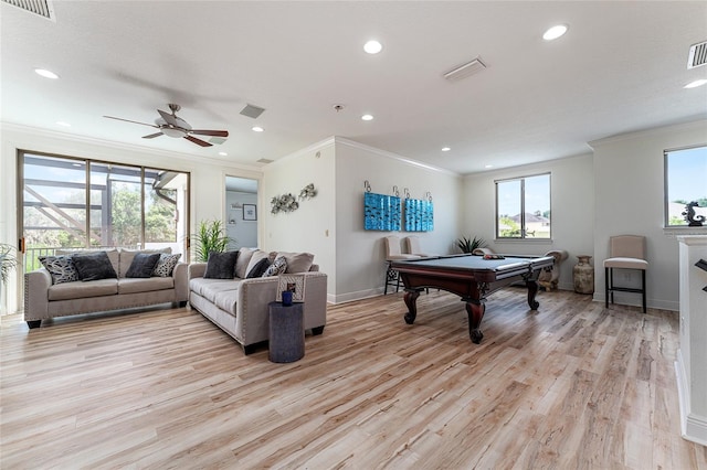 1111 Myrtle Breezes Ct, Fruitland Park, FL 34731 - living area with ornamental molding, light wood-style flooring, billiards table, recessed lighting, and baseboards