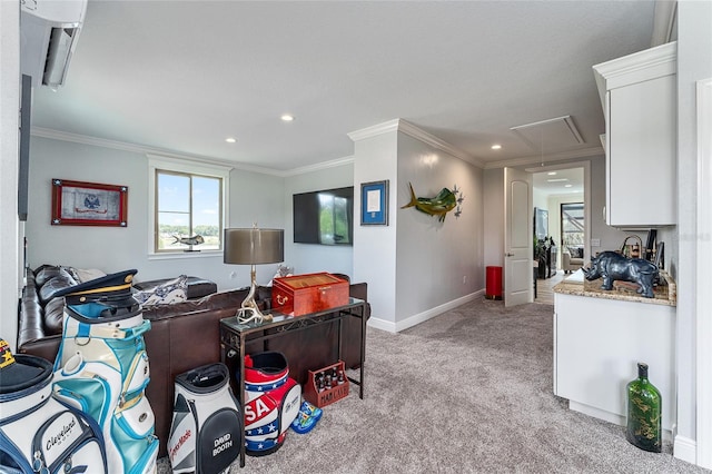 1111 Myrtle Breezes Ct, Fruitland Park, FL 34731 - living room featuring attic access, light carpet, healthy amount of natural light, baseboards, and crown molding