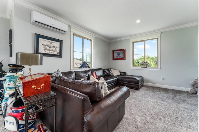 1111 Myrtle Breezes Ct, Fruitland Park, FL 34731 - carpeted living room featuring a wall unit AC, ornamental molding, and baseboards