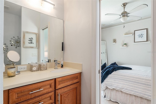 1111 Myrtle Breezes Ct, Fruitland Park, FL 34731 - bathroom with ensuite bath, vanity, a ceiling fan, and crown molding