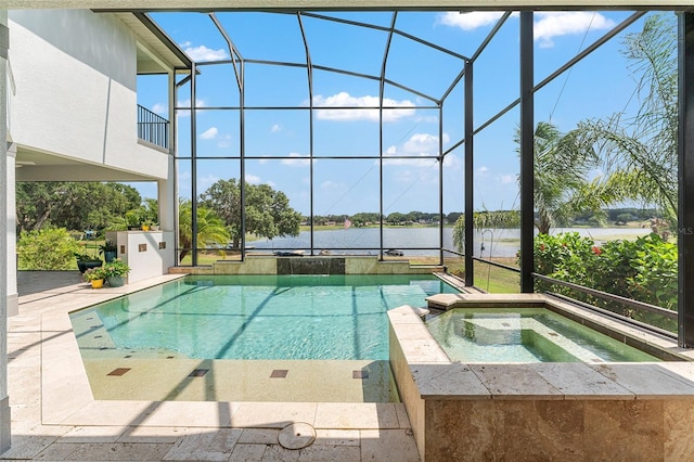 1111 Myrtle Breezes Ct, Fruitland Park, FL 34731 - view of swimming pool with a water view, a pool with connected hot tub, glass enclosure, and a patio