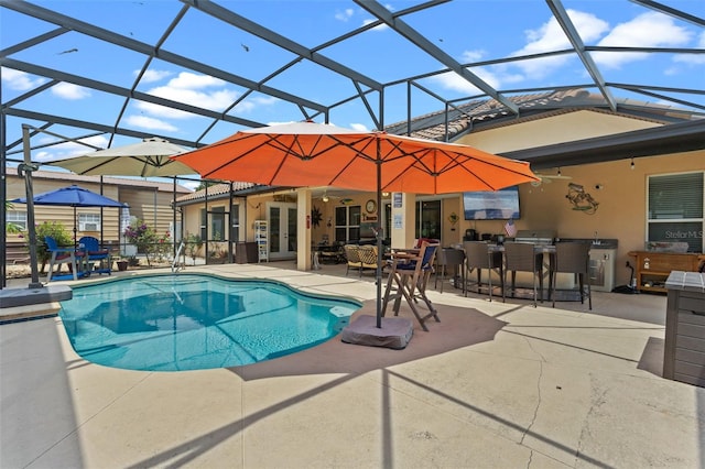 16200 E Shirley Shores Rd, Tavares, FL 32778 - outdoor pool with exterior bar, a patio, french doors, and a lanai