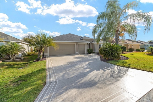 ranch-style house featuring an attached garage, driveway, stucco siding, and a front yard