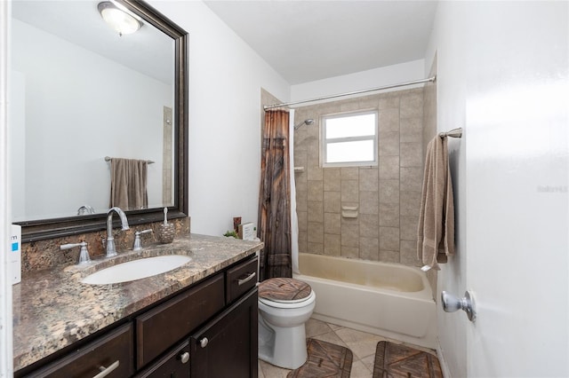 bathroom with shower / tub combo, toilet, vanity, and tile patterned flooring