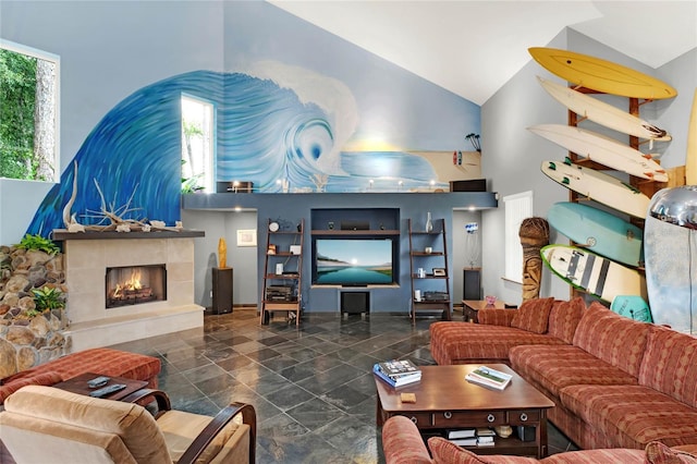 9642 Bear Lake Rd, Apopka, FL 32703 - living room with a tiled fireplace and high vaulted ceiling