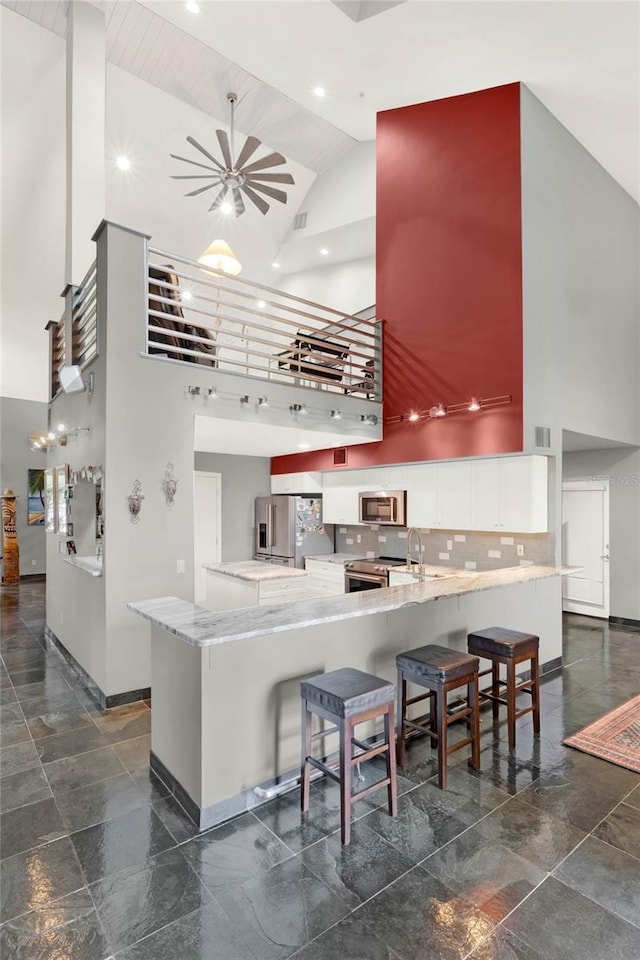 9642 Bear Lake Rd, Apopka, FL 32703 - kitchen featuring high vaulted ceiling, baseboards, stainless steel appliances, and a peninsula