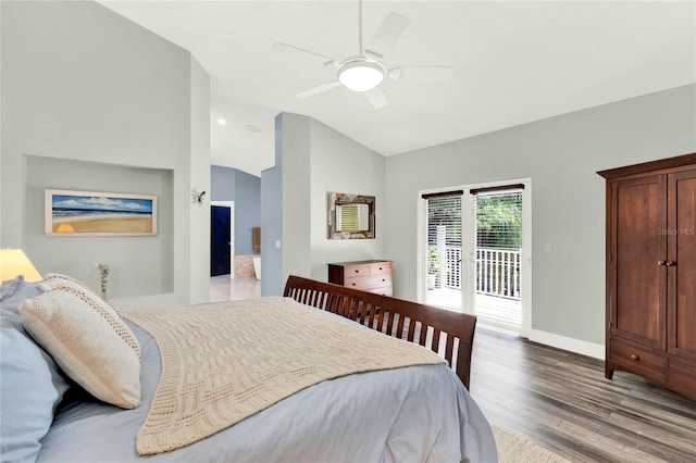 9642 Bear Lake Rd, Apopka, FL 32703 - bedroom with access to exterior, a ceiling fan, baseboards, wood finished floors, and vaulted ceiling