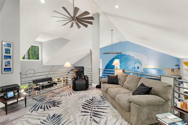 9642 Bear Lake Rd, Apopka, FL 32703 - living room with vaulted ceiling, a ceiling fan, wood finished floors, and a healthy amount of sunlight