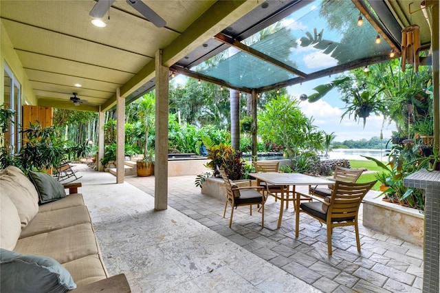 9642 Bear Lake Rd, Apopka, FL 32703 - view of patio featuring a ceiling fan, outdoor dining space, a water view, and outdoor lounge area