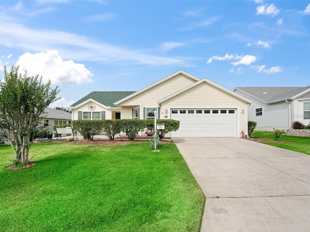 single story home featuring driveway, a front yard, and a garage
