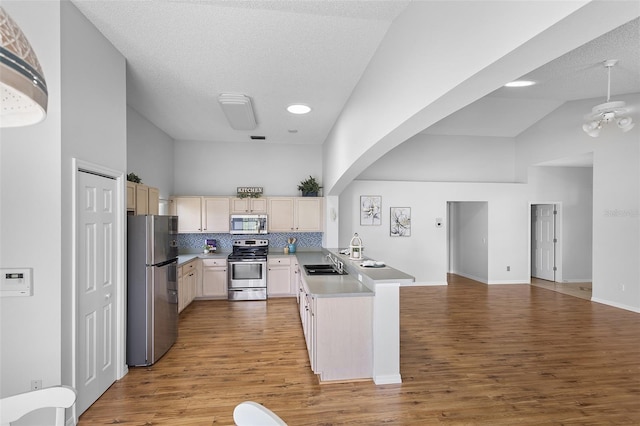 kitchen featuring appliances with stainless steel finishes, light wood finished floors, a sink, a peninsula, and open floor plan