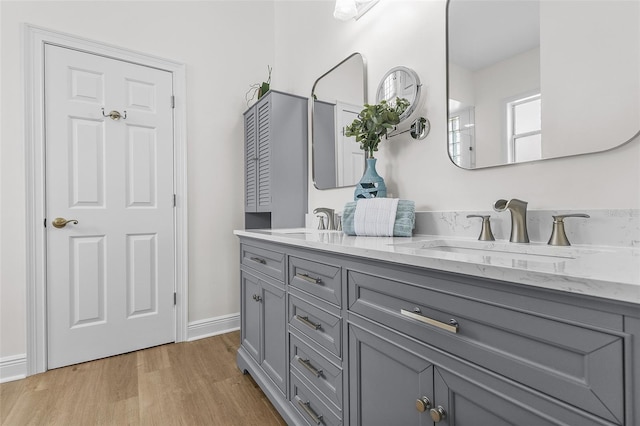 bathroom featuring double vanity, wood finished floors, baseboards, and a sink