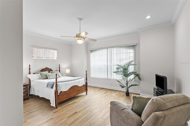 bedroom featuring crown molding, light wood-style floors, ceiling fan, baseboards, and recessed lighting