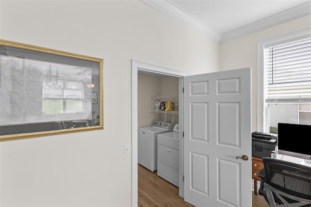 office area with crown molding, washing machine and dryer, and wood finished floors