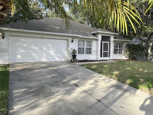 1307 Rain Forest Ln, Minneola, FL 34715 - ranch-style house with stucco siding, a shingled roof, concrete driveway, a garage, and a front lawn