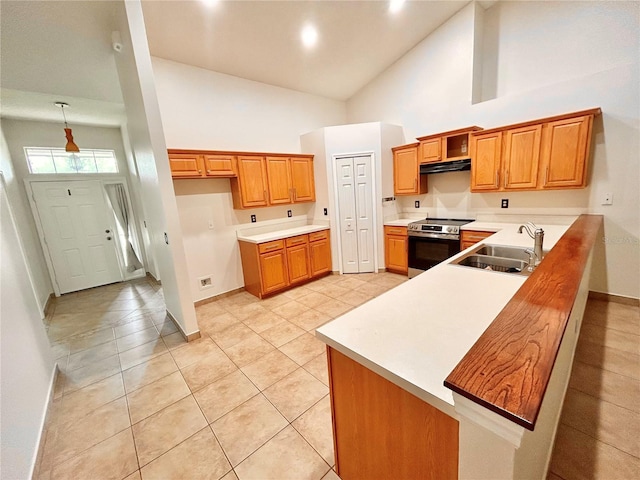 1307 Rain Forest Ln, Minneola, FL 34715 - kitchen with stainless steel electric range, high vaulted ceiling, a peninsula, under cabinet range hood, and brown cabinetry