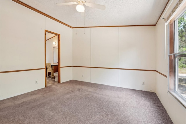 unfurnished room with carpet, a textured ceiling, ceiling fan, and ornamental molding