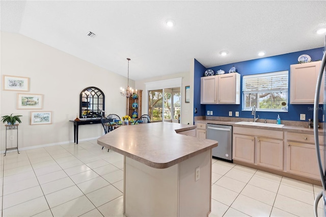 8097 SE 174th Belhaven Loop, The Villages, FL 32162 - kitchen with dishwasher, a sink, light tile patterned flooring, a chandelier, and plenty of natural light
