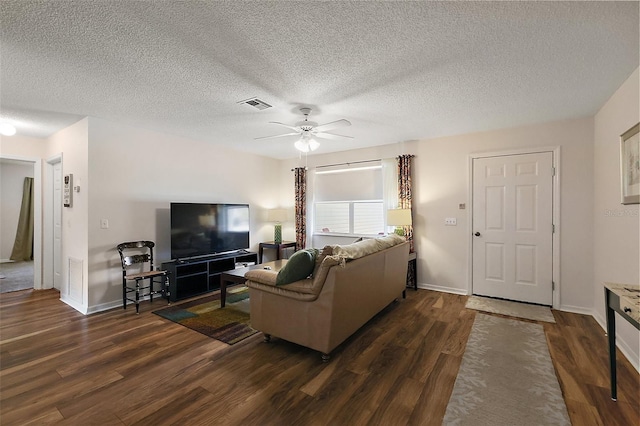 518 Alcazar Ct, The Villages, FL 32159 - living room featuring visible vents, a ceiling fan, dark wood finished floors, and baseboards