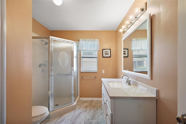 518 Alcazar Ct, The Villages, FL 32159 - bathroom with a healthy amount of sunlight, vanity, a shower stall, and marble finish floor