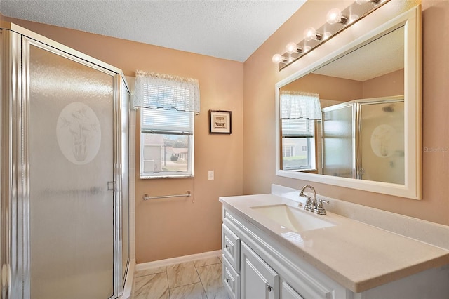 518 Alcazar Ct, The Villages, FL 32159 - full bathroom featuring a shower stall, marble finish floor, vanity, baseboards, and a textured ceiling