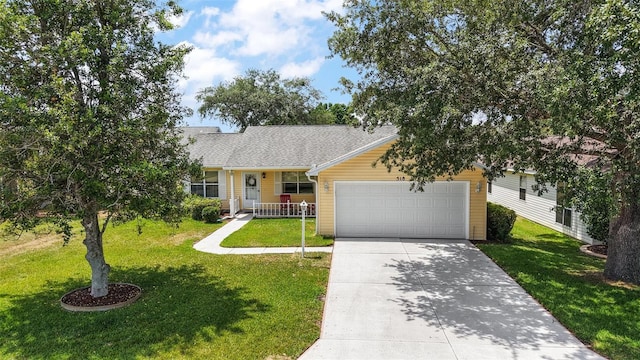 518 Alcazar Ct, The Villages, FL 32159 - view of front of property featuring driveway, covered porch, a front lawn, and a garage