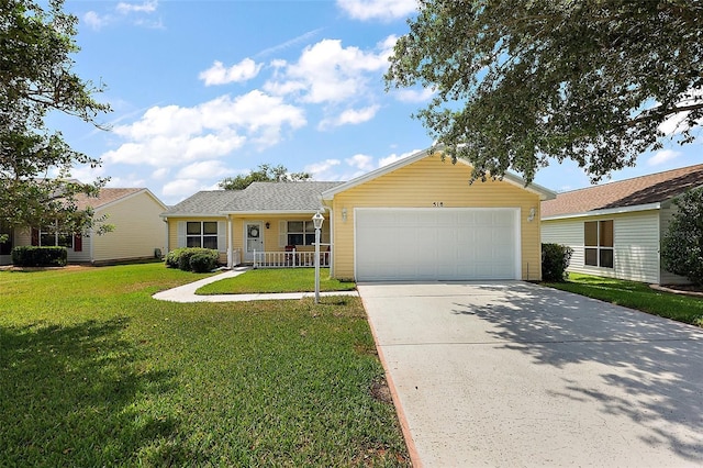 518 Alcazar Ct, The Villages, FL 32159 - ranch-style home featuring a porch, concrete driveway, a garage, and a front lawn