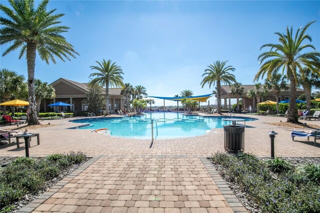 community pool with a patio area