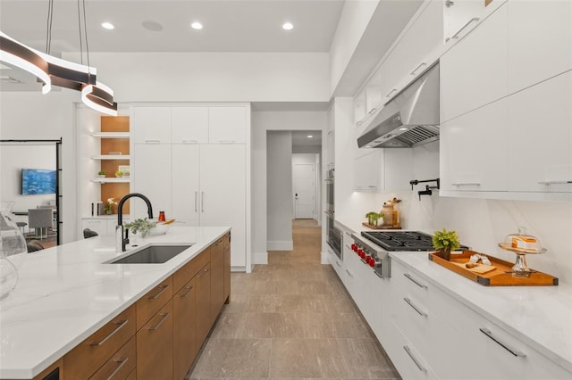 kitchen with white cabinets, a sink, stainless steel appliances, under cabinet range hood, and modern cabinets