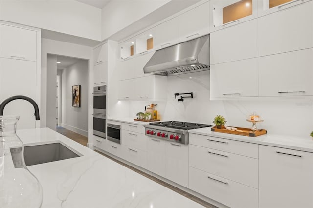 kitchen with glass insert cabinets, appliances with stainless steel finishes, under cabinet range hood, a sink, and white cabinetry