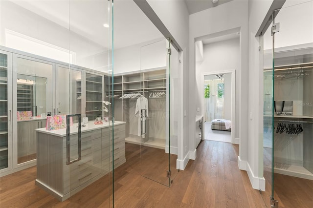 bathroom with wood finished floors, french doors, baseboards, and a walk in closet