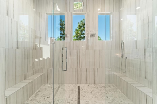 bathroom featuring a shower stall and plenty of natural light