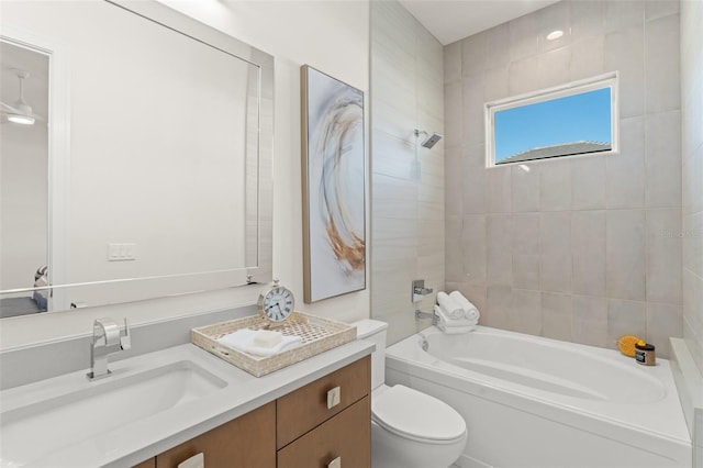 full bath with shower / bathing tub combination, vanity, and toilet
