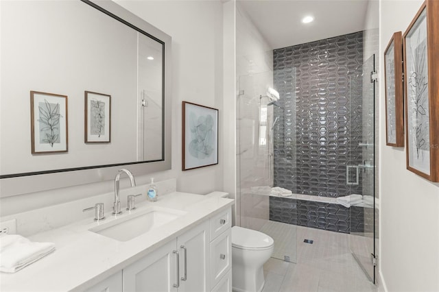 bathroom featuring a shower stall, toilet, recessed lighting, tile patterned floors, and vanity
