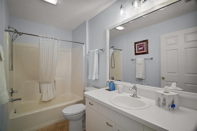 full bath featuring a textured ceiling, toilet, shower / bath combination with curtain, tile patterned floors, and vanity