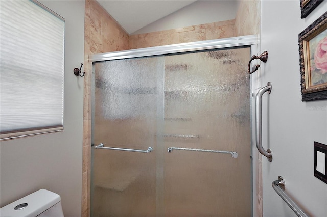 full bathroom with vaulted ceiling, toilet, and a stall shower