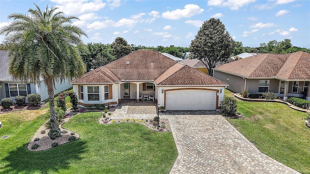 view of front of property featuring driveway, a front yard, stucco siding, and a garage