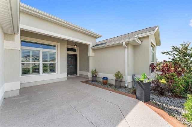 doorway to property featuring a shingled roof and stucco siding