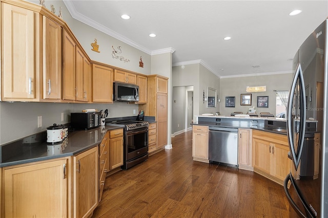 kitchen featuring dark countertops, appliances with stainless steel finishes, a peninsula, and dark wood-style flooring