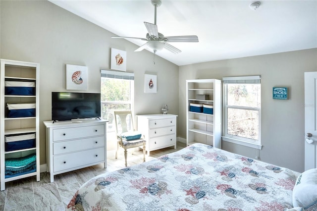 bedroom featuring wood finished floors, ceiling fan, and lofted ceiling