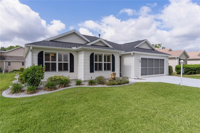 ranch-style home featuring a garage, roof with shingles, concrete driveway, and a front lawn