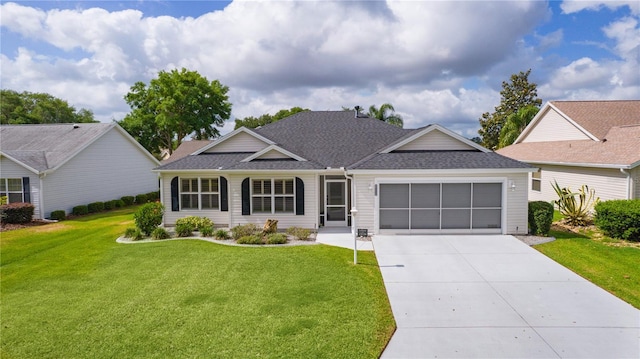 single story home featuring a garage, a front lawn, driveway, and a shingled roof