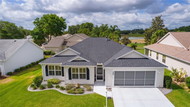 view of front of house with a shingled roof, an attached garage, a front lawn, a water view, and driveway