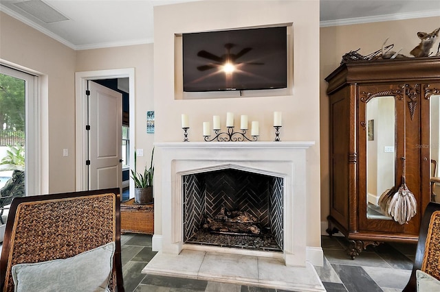 6905 Clayton St, Mount Dora, FL 32757 - living area with crown molding, a fireplace, and stone finish flooring