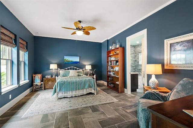 6905 Clayton St, Mount Dora, FL 32757 - bedroom featuring crown molding, baseboards, ensuite bath, and a ceiling fan