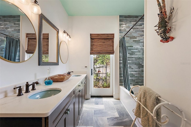6905 Clayton St, Mount Dora, FL 32757 - full bathroom featuring shower / bath combination with curtain and double vanity